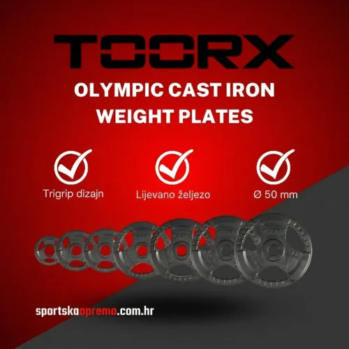 Toorx Olympic Cast Iron Weight Plates | 1.25–25 kg, uteži od litega železa s tri-grip ročaji | Klasična snaga i izdržljivost