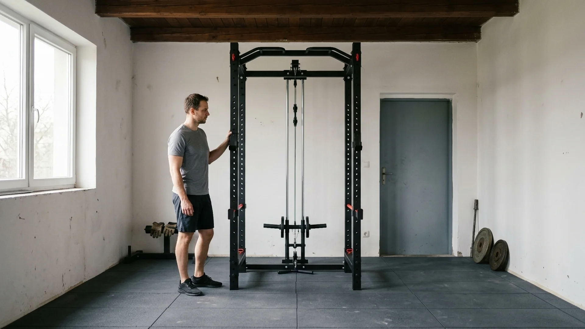 Muškarac pokraj fitness kaveza u kućnoj teretani sa slobodnim prostorom za vježbanje
