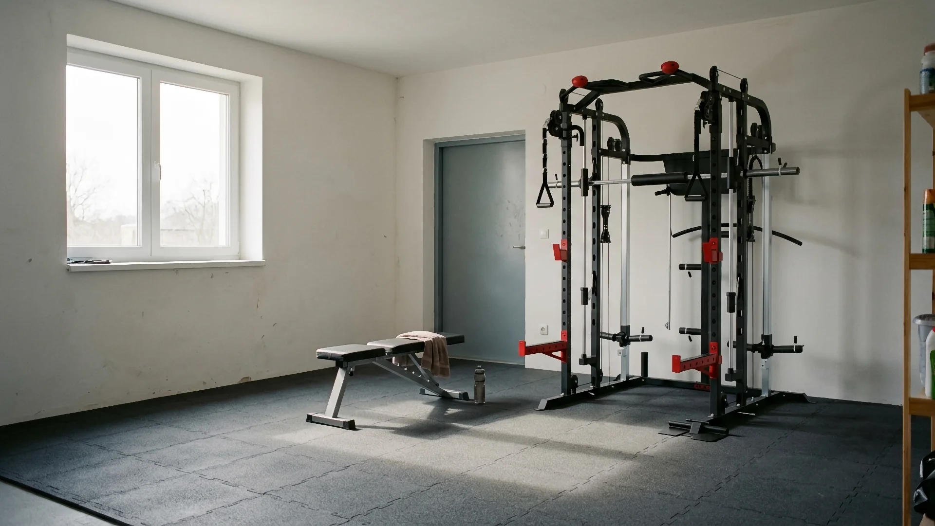 Kućna teretana u sobi s multifunkcionalnom fitness spravom i podesivom klupom